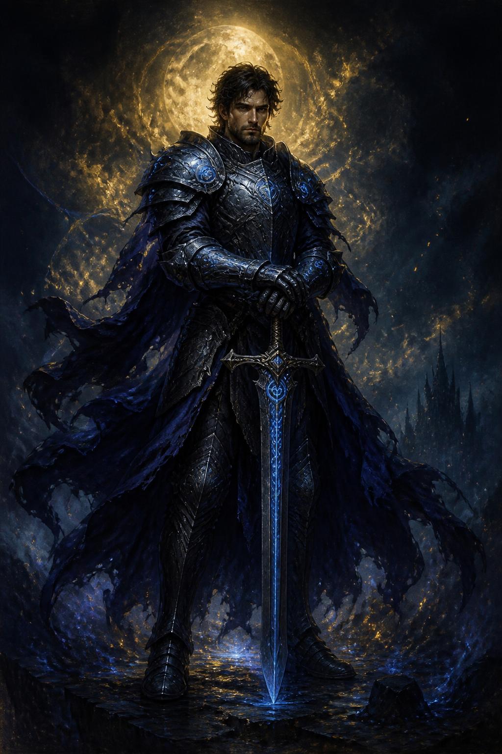 Your arcane warrior, clad in rune-engraved armor beneath the moon