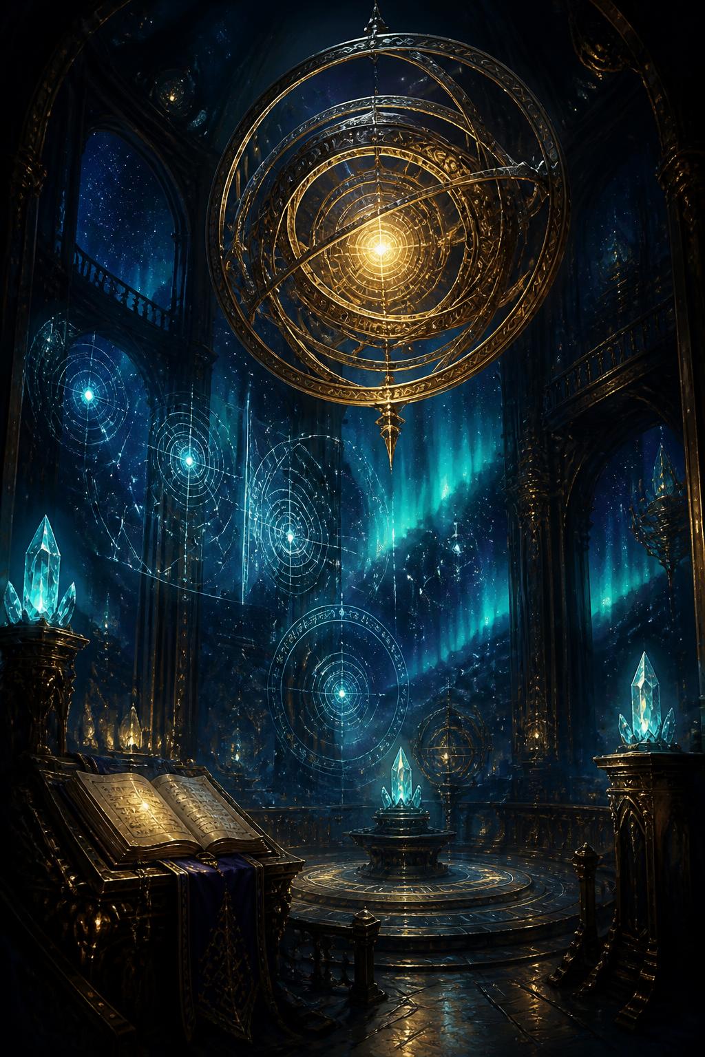 A magical observatory with a golden astrolabe and floating star charts