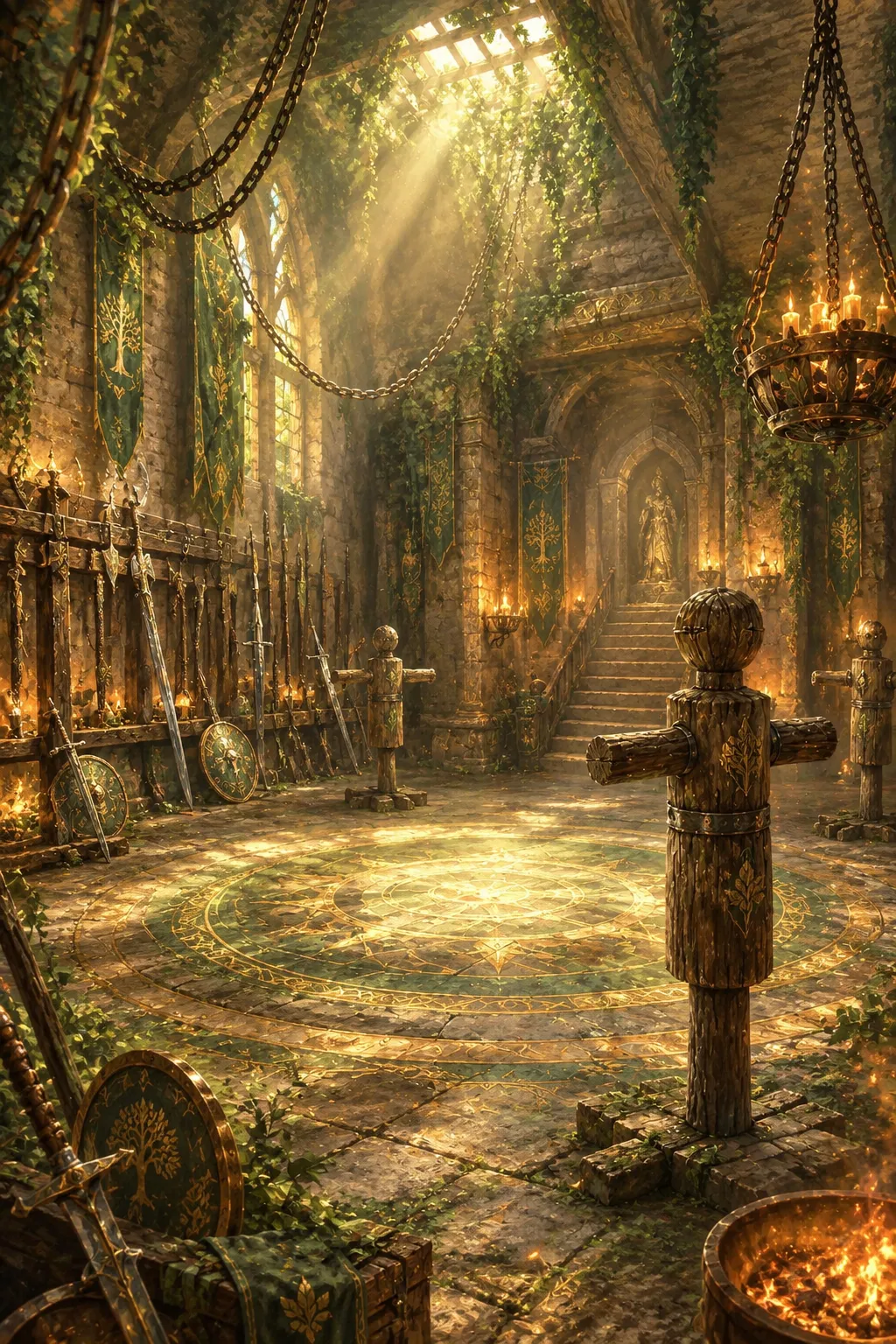An ancient underground training arena with a glowing rune circle