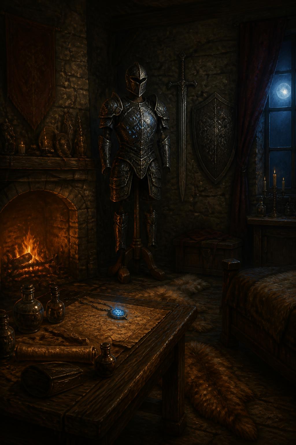 A warrior's castle chamber with armor, sword, shield and a warm fireplace